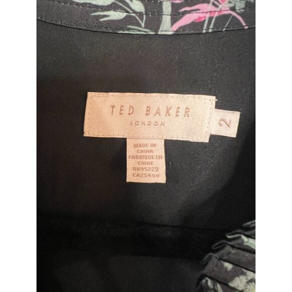 Ted Baker London Size 2 (US sz 6) Long Sleeve Black Bird Print Ruffled Collar - Picture 4 of 5